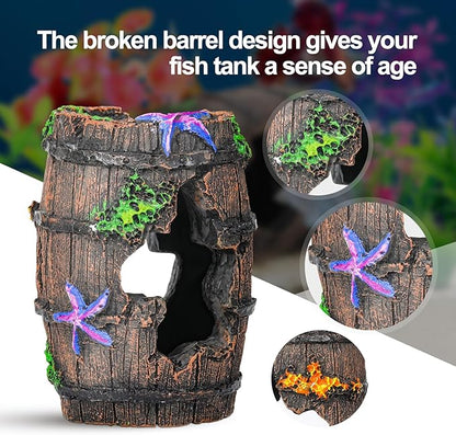 CousDUoBe Fish Broken Barrel Decor Fish Tank Decorations Betta Fish Tank Accessories,Starfish Barrel x 1pc, Fish Tank Plants x 8pcs CousDUoBeAquariumfishtankdecoration