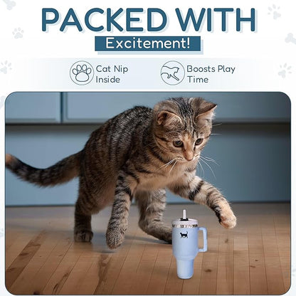 Kitty Cup Tumbler Cat Toy – Cute Cat Toy with Catnip, Crinkle Cat Toys for Cat Birthdays or Christmas, Funny Cat Toys for Kittens (Chambray Blue) - PAWPICO