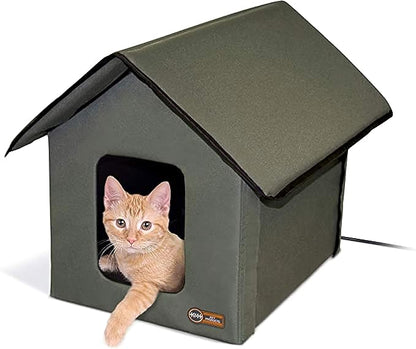 K&H Pet Products Outdoor Heated Kitty House, Outdoor Cat House for Outside Community Cats, Strays, and Ferals, Insulated Shelter, Warming Cold Weather House with Heated Pad for Winter, Olive/Olive - PAWPICO