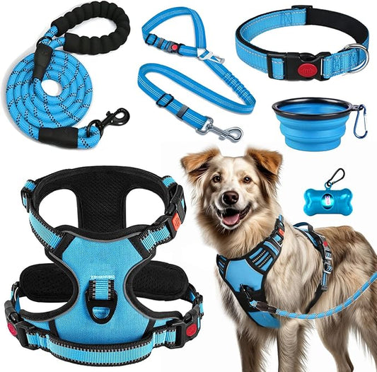 No Pull Dog Harness, Collar & Leash Set | Includes Dog Seat Belt, Collapsible Bowls & Poop Bag Dispenser. Ideal for Training, Walking, Hiking. Fits Small to Large Dogs(Blue-XL) Lovebegetslove