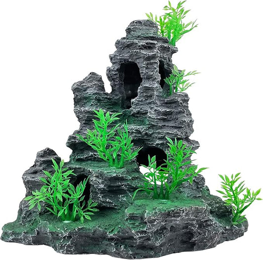 Aquarium Decoration Large and Tall for Fish Tank Rock Thematic Ornaments Aquarium Mountain View Stone Ornaments Aquarium Decor Tree House Cave Fish Tank Decorations - Large VMCN