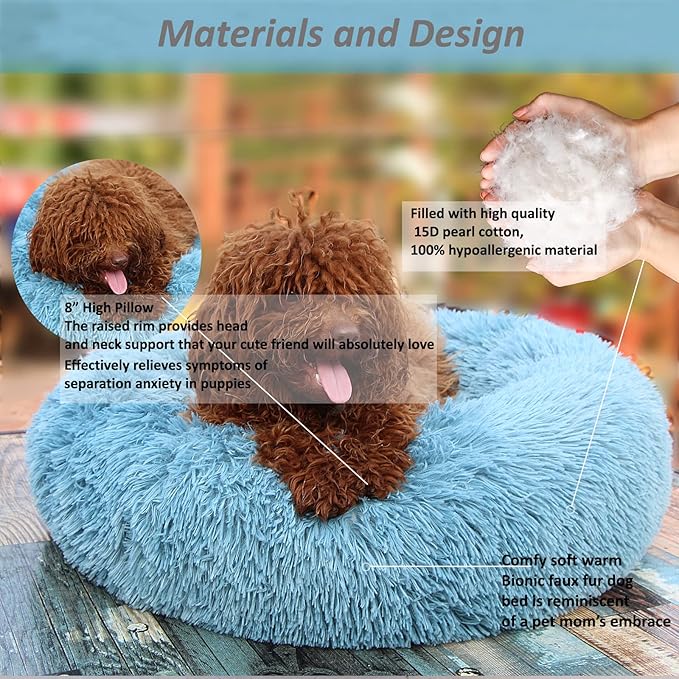Small Dog Donut Bed for Small Dogs Machine Washable,Calming Donut Blue Dog Bed for Small Puppy with Anxiety，with Fluffy Soft and Comfy Faux Fur Cuddler Pet Bed for Small Pets - PAWPICO