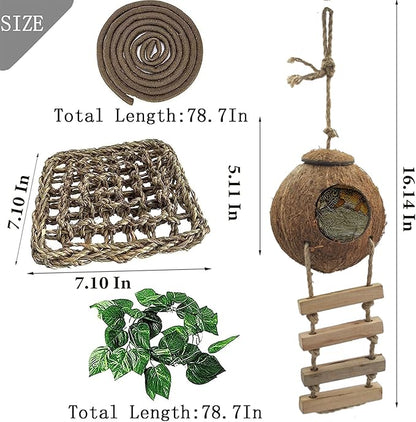 6PCS Crested Gecko Coconut Hut, Lizard Coco Den with Ladder and Reptile Hammock Bearded Dragon Tank Accessories Climbing Hanging Plants Jungle Vine Flexible Reptile Leaves Decor MUYG