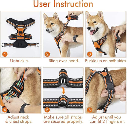 rabbitgoo Dog Harness, No-Pull Pet Harness with 2 Leash Clips, Adjustable Soft Padded Dog Vest, Reflective No-Choke Pet Oxford Vest with Easy Control Handle for Large Dogs, Orange, XL - PAWPICO