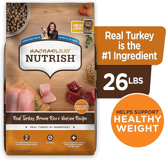Rachael Ray Nutrish Dry Dog Food, Turkey, Brown Rice & Venison Recipe for Weight Management, 26 Pounds - PAWPICO