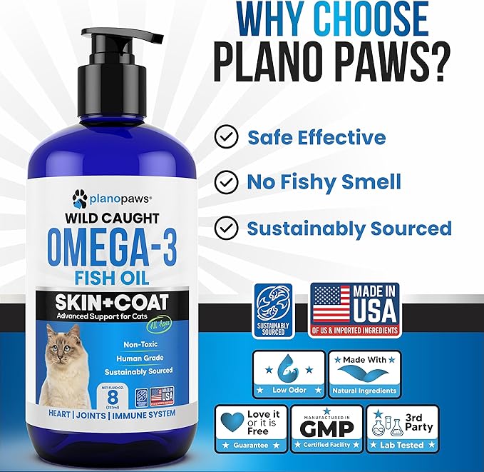 Omega 3 Fish Oil for Cats - Better Than Salmon Oil for Cats - Kitten + Cat Vitamins and Supplements - Cat Health Supplies - Cat Dandruff Treatment - Liquid Fish Oil for Pets - Cat Shedding Products planopaws