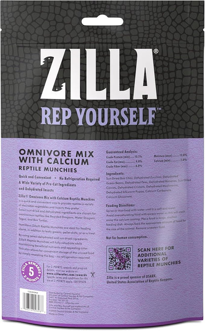 Zilla Reptile Munchies, Omnivore Mix with Calcium, Dehydrated and Sun Dried Vegetables and Insects, Natural with Added Calcium, Resealable Bag 4 oz. Zilla