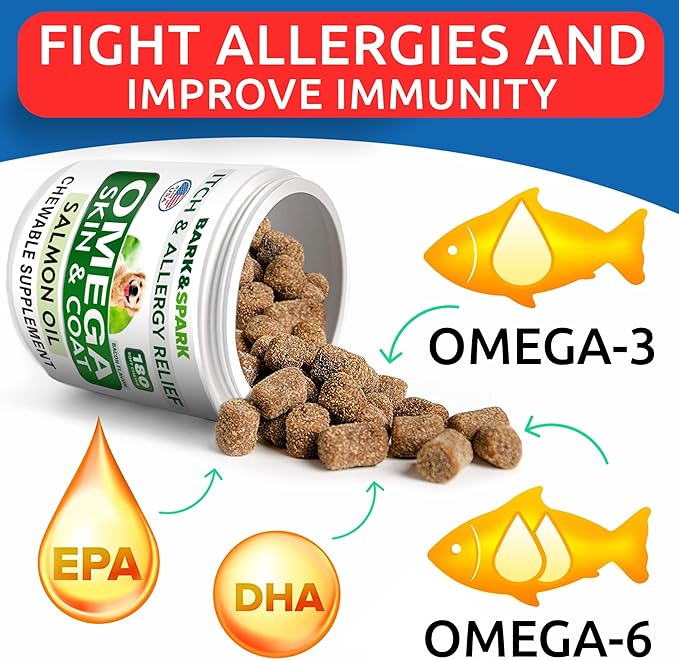 BARK&SPARK Omega 3 for Dogs - 360 Fish Oil Treats for Dog Shedding, Skin Allergy, Itch Relief, Hot Spots Treatment - Joint Health - Skin and Coat Supplement - EPA & DHA Fatty Acids - Salmon Oil -Bacon BARKSPARK