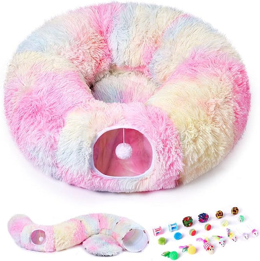 Odoland Cat Tunnels for Indoor Cats with Fluffy Plush Central Cat Couch and 20 Cat Toys, Tunnel Bed for Cats with Hanging Ball, Detachable Soft Mat and Variety Kitty Toy Set, Pink - PAWPICO