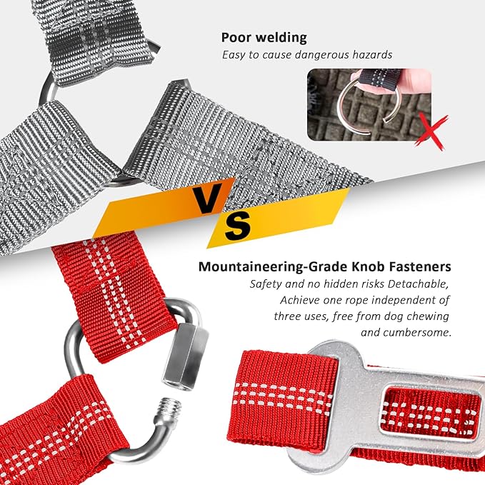 Removable Dog Seat Belt Harness for Car, 3 in 1 Pet Dog Car Seatbelt Leash, Retractable Restraint Secures to Vehicle Headrest & Adjustable Reflective Bungee Dog Seatbelt Tether, Red - PAWPICO