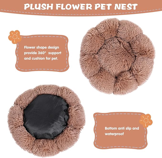 Cat Bed Cute, 19.7" Washable Kahki Donut Bed for Indoor Cats and Small Dogs, Soft Calming Cute Flower Fluffy Round Donut Cat Beds, Anti Anxiety Pet Bed, Self-Warming Bed,Khaki - PAWPICO