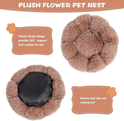 Cat Bed Cute, 19.7" Washable Kahki Donut Bed for Indoor Cats and Small Dogs, Soft Calming Cute Flower Fluffy Round Donut Cat Beds, Anti Anxiety Pet Bed, Self-Warming Bed,Khaki - PAWPICO