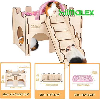 hiimalex Wooden Hamster Castle House with Ramp and Plush Bedding for Chinchilla Guinea Pig Hedgehog Gerbil Hamster Rat Durable Habitats for Playing and Hiding MakeTheKingdomforYourBunnies