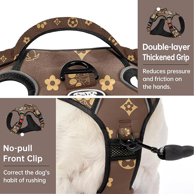 IVY&LANE No Pull Dog Harness with Leash Set, Reflective No Choke Pet Vest,Adjustable Oxford Dog Vest Harness with Easy Control Handle for Large Dogs (Dark Brown,L) IVYLANE