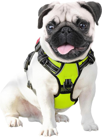 PHOEPET No Pull Dog Harness Medium Reflective Front Clip Vest with Handle,Adjustable 2 Metal Rings 3 Buckles,[Easy to Put on & Take Off](M, Green) PHOEPET