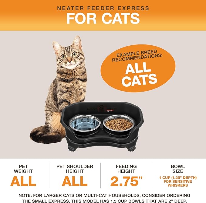 Neater Feeder - Express Model - Mess-Proof Cat Bowls (Cat, Black) – Made in USA – Elevated, No Spill, Non-Tip, Non-Slip, Raised Stainless Steel Food & Water Pet Bowls - PAWPICO