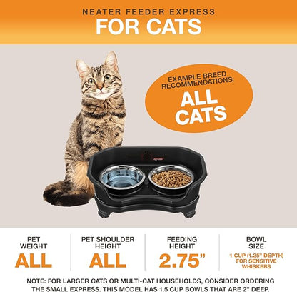 Neater Feeder - Express Model - Mess-Proof Cat Bowls (Cat, Black) – Made in USA – Elevated, No Spill, Non-Tip, Non-Slip, Raised Stainless Steel Food & Water Pet Bowls - PAWPICO