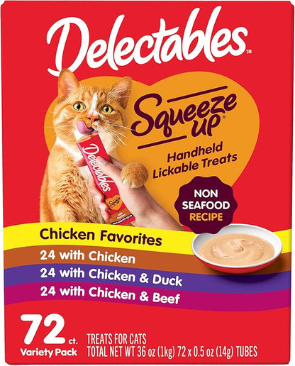 Delectables Squeeze Up Non-Seafood Variety Pack, Creamy Squeezable Puree, Lickable Wet Cat Treats, Grain Free, No Added Fillers, No By-Products, No Added Preservatives, 0.5 Ounces Tube, 72 Tubes Total Hartz