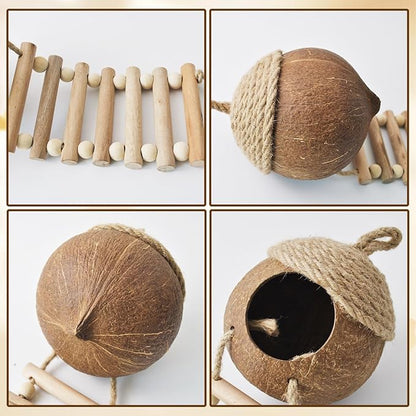 Lizard Coco Den with Ladder,Leopard Gecko Coconut Husk Hut Hideout Home Reptile Hammock Climbing Hanging Plants Decor Habitat Tank Accessories for Bearded Dragon Chameleon Snake Hermit Crab MUYG