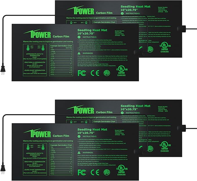iPower 4 Pack 10" x 20.75" Seeding Heat Mat Upgraded Carbon Film Indoor Warm Hydroponic Plant Germination Starting Pad Durable Waterproof, Black iPower