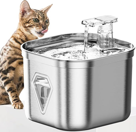 Cat Water Fountain Stainless Steel, Pet Water Fountain for Drinking, 2.2L/73oz Cat Fountain, Automatic Dog Water Dispenser, Water Level Window&3 Filters, Multiple Pet Fountain - PAWPICO