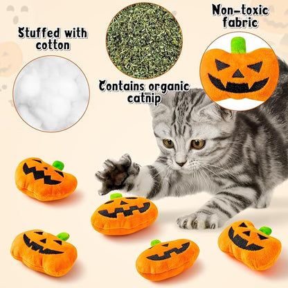 MALLMALL6 Catnip Toys for Cat - 5Pcs Halloween Pumpkin Jack O Lantern Catmint Interactive Cat Toy for Indoor Cats, Soft Plush Orange Cat Supplies, Kitten Teething Chew Toy Set, Pet Gifts for Cat Lover - PAWPICO