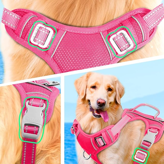 BARKBAY No Pull Dog Harness Large Reflective Dog Harness with Front Clip and Easy Control Handle for Walking Training Running with ID tag Pocket(Pink,M) BARKBAY