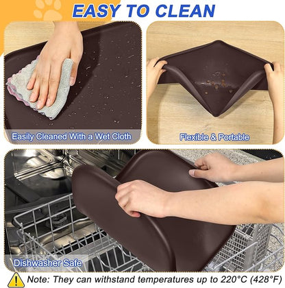 Silicone Pet Feeding Mat with Raised Edge, Dog Cat Bowl Mats for Food and Water, Pet Placemat for Floors Waterproof, 24” x 16” x 0.8” Dark Brown - PAWPICO