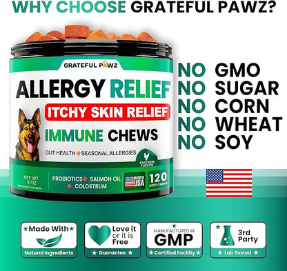Dog Allergy Relief Chews - Dog Itch Relief - Probiotics, Omega 3 Fish Oil + Colostrum - Itchy Skin Relief - Seasonal Allergies - Anti Itch Support & Hot Spots - Immune Health Supplement - Made in USA GratefulPawz