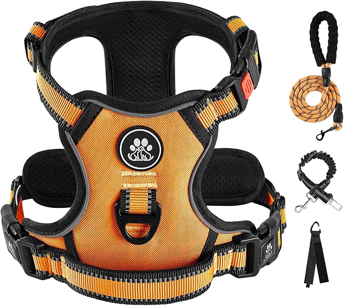 IVY&LANE No Pull Dog Harness for Large Dogs, Dog Vest Harness with Leash, Safety Belt and Storage Strap, Fully Adjustable Harness, 360° Reflective Strip, Soft Handle (Orange, L) IVYLANE