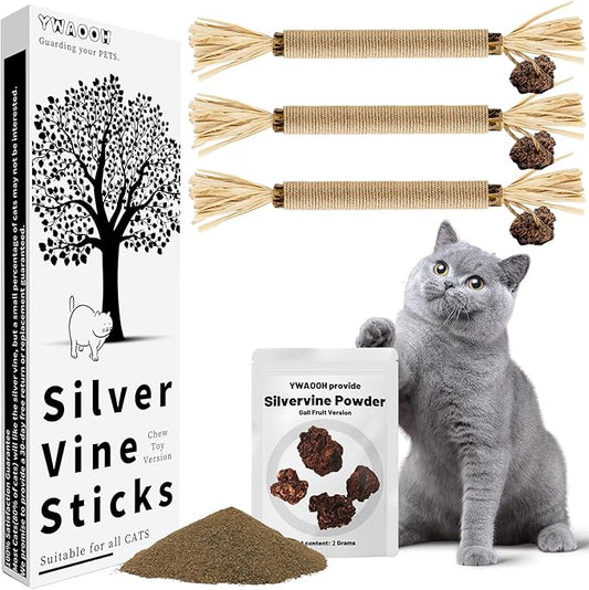 Cat Toys - 3PCS Silvervine Chew Sticks & 1PCS Silvervine Powder, Cat Dental Toys for Kitten Teeth Cleaning, 100% Natural Catnip Alternative for Chewing, Training & Playing - PAWPICO