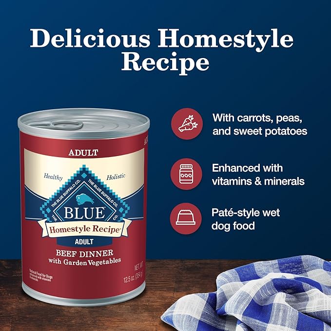 Blue Buffalo Homestyle Recipe Adult Wet Dog Food, Made with Natural Ingredients, Beef Dinner With Garden Vegetables, 12.5-oz. Cans (Pack of 12) - PAWPICO