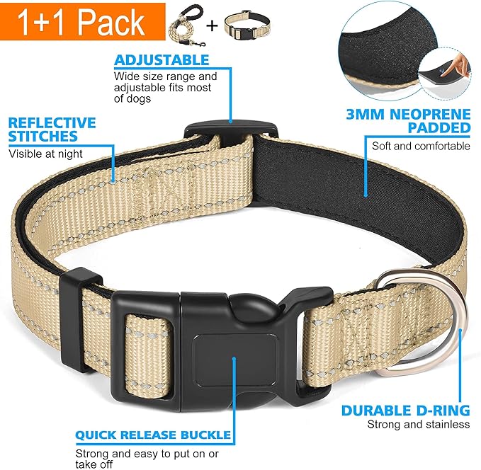 Reflective Dog Collar Padded with Soft Neoprene Breathable Adjustable Nylon Dog Collars for Small Medium Large Dogs (X-Small (Pack of 1), Vanilla Collar+Leash) ladoogo