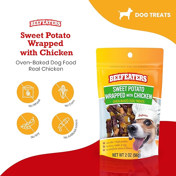 Beefeaters Dog Treats - Sweet Potato Wrapped with Chicken 2oz, Case of 12 | Dog Food No Corn/Wheat/Soy/Gluten | Low Fat, Grain-Free, Training & Rewards | Dog Training Treats for All Dog Sizes - PAWPICO