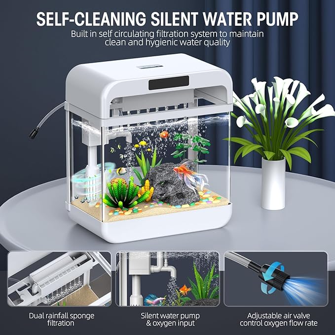 Fish Tank Aquarium 2.2 Gallon Fish Bowl with Adjustable 3 Color Lighting 3 in 1 Pump with Filteration, Oxygenation, Water Circulation Triple Function, HD Float Glass, Leak-Proof Thickened Base Focusonhomelifeandhealth