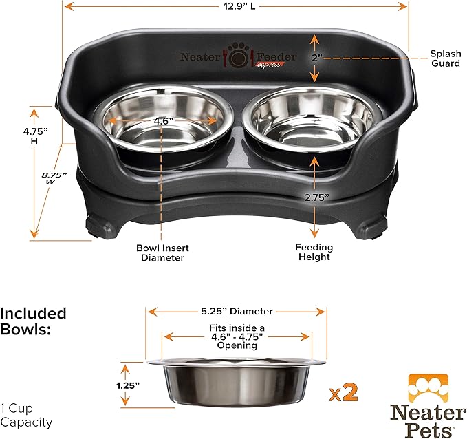 Neater Feeder - Express Model - Mess-Proof Cat Bowls (Cat, Black) – Made in USA – Elevated, No Spill, Non-Tip, Non-Slip, Raised Stainless Steel Food & Water Pet Bowls - PAWPICO