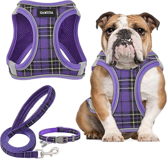 GAMUDA Small Dog Harness Collar and Leash Set, Step in No Chock No Pull Soft Mesh Adjustable Dog Vest Harnesses Plaid Reflective for Dogs Puppy Cats Kitten Rabbit (Purple, XL) GAMUDACollarsCollection