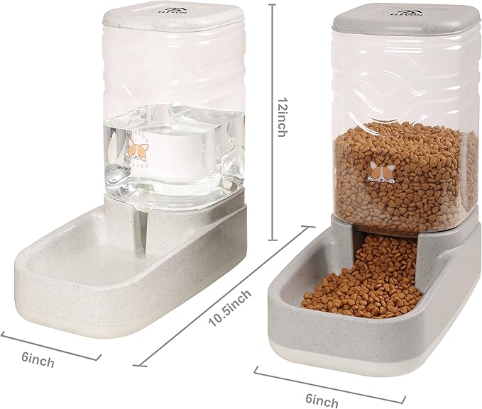 ELEVON Automatic Dog Cat Gravity Food and Water Dispenser Set with Pet Food Bowl for Small Large Pets Puppy Kitten Rabbit Large Capacity(White & Gray, 3.8L) - PAWPICO