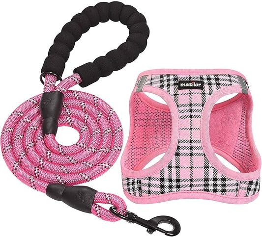 Dog Harness Step-in Breathable Puppy Cat Dog Vest Harnesses for Small Medium Dogs Pink Plaid matilor