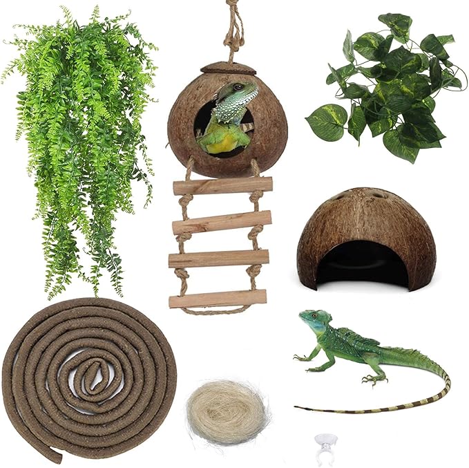 kathson Leopard Gecko Tank Accessories Bearded Dragon Habitat Decor Reptile Hanging Plants Artificial Bendable Climbing Vines Lizard Hidden Coconut Shell Hole Hut for Chameleon, Snake, Iguana, Turtle kathson