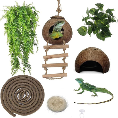 kathson Leopard Gecko Tank Accessories Bearded Dragon Habitat Decor Reptile Hanging Plants Artificial Bendable Climbing Vines Lizard Hidden Coconut Shell Hole Hut for Chameleon, Snake, Iguana, Turtle kathson