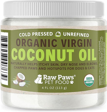 Raw Paws Virgin Organic Coconut Oil for Dogs & Cats, 4-oz - Treatment for Itchy Skin, Dry Nose, Paws - Hot Spot Lotion for Dogs - Natural Hairball Remedy for Dogs Raw+Paws+Pet+Food