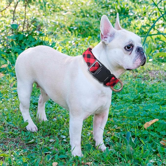 Reflective Dog Collar Padded with Soft Neoprene Breathable Adjustable Nylon Dog Collars for Small Medium Large Dogs (Medium (Pack of 1), Red Plaid Collar+Leash) ladoogo
