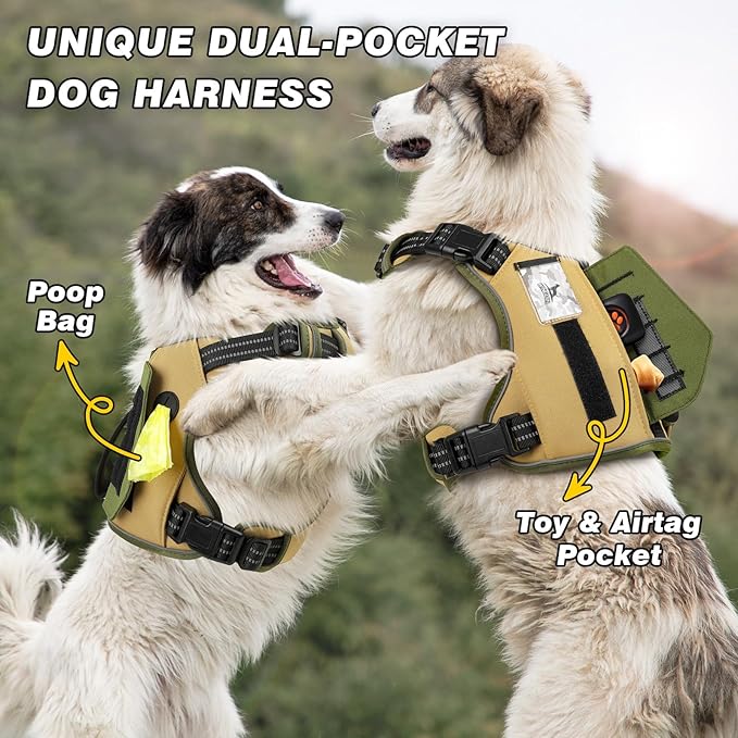 WINGOIN Tactical Dog Harness for Large Dogs, No Pull Harness with Handle 2 Pockets Poop Bag, Reflective Dog Vest, Military Service Heavy Duty Big Dog Harness for Walking Hiking Training, Khaki, L - PAWPICO