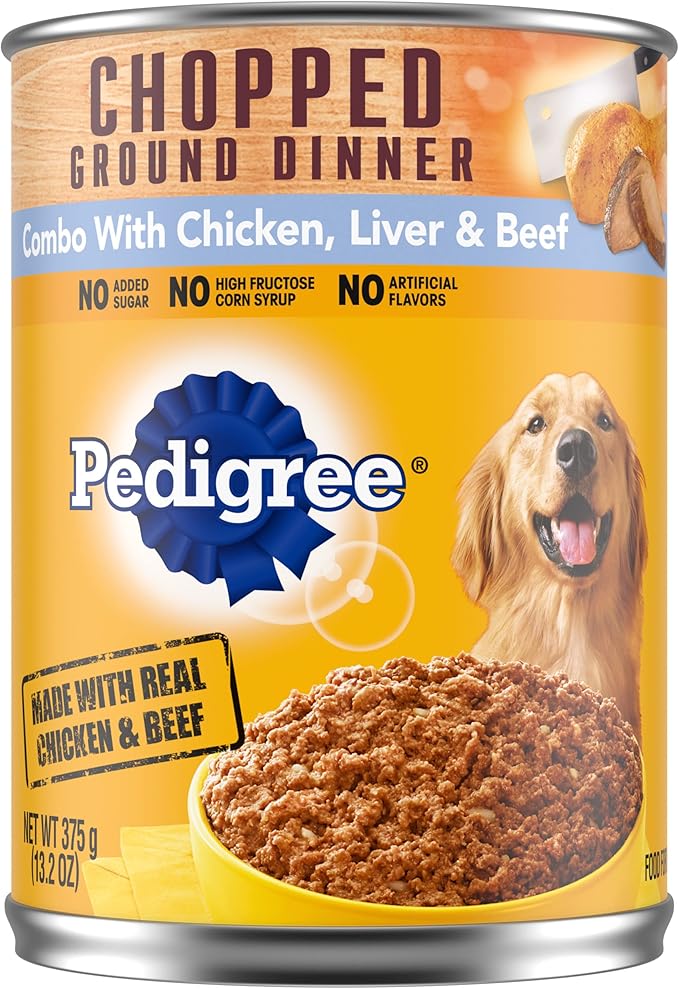 PEDIGREE CHOPPED GROUND DINNER Adult Canned Soft Wet Dog Food Combo with Chicken, Liver & Beef, 13.2 oz. Cans (Pack of 12) - PAWPICO