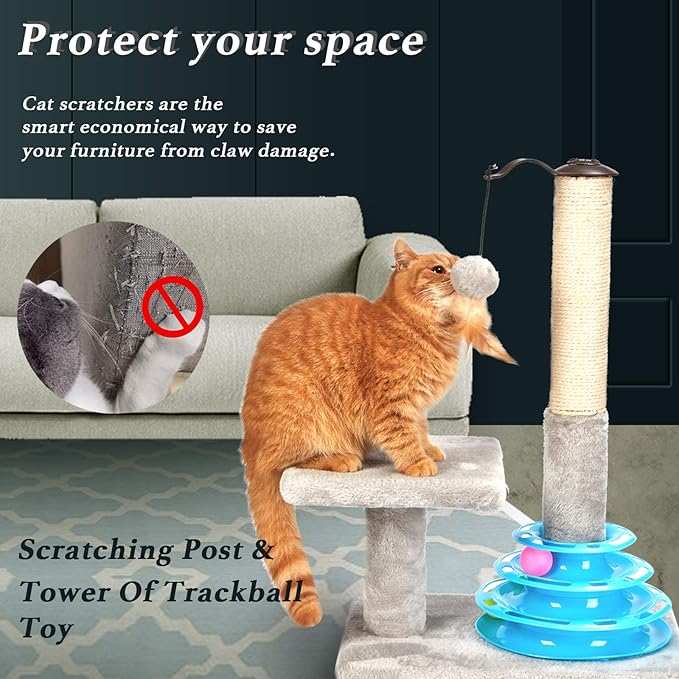 PEEKAB Tall Cat Scratching Post Kitten Sisal Scratcher Tree with Cat Tracks Toy Balls for Indoor Cats and Kittens - 25 inches - PAWPICO