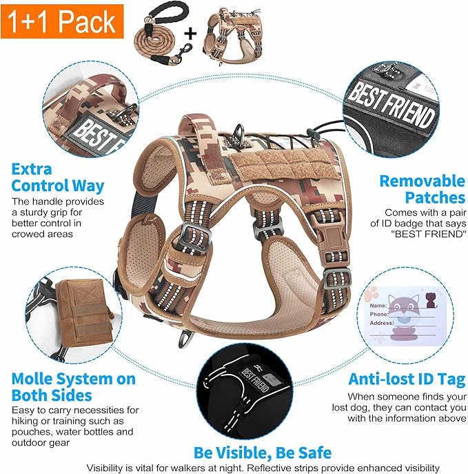 Heavy Duty Tactical Dog Harness for Small Dogs, No Pull Adjustable Pet Harness Reflective Service Training Easy Control Pet Vest Military K9 Working Dog Harnesses- Small, Desert Camo Beebielove