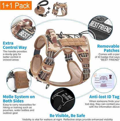 Heavy Duty Tactical Dog Harness for Small Dogs, No Pull Adjustable Pet Harness Reflective Service Training Easy Control Pet Vest Military K9 Working Dog Harnesses- Small, Desert Camo Beebielove