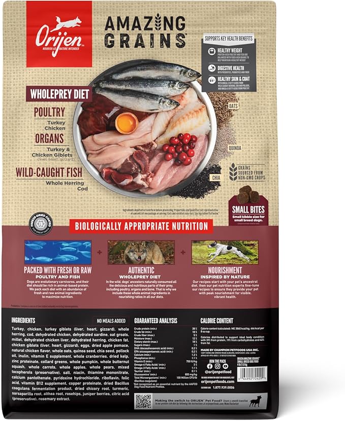 ORIJEN Amazing Grains™ Small Breed Dry Dog Food Recipe, 4lb - PAWPICO