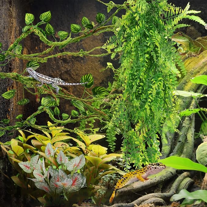 Reptile Plants, Terrarium Hanging Plant Vines Artificial Leaves Reptile Hide, Leopard Gecko Tank Accessories, Terrarium Decorations for Bearded Dragon Lizard Snake Geckos Chameleon PAWPICO